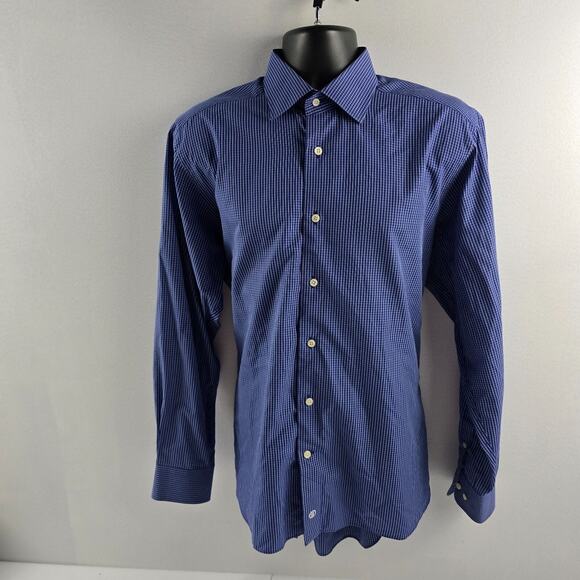 David‎ Donahue dress shirt L 16 34/35 blue plaid mens button down 5557 - Picture 1 of 9
